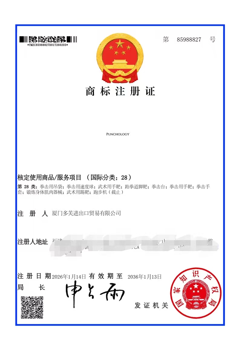 Trademark Registration Certificate No.85988827, PUNCHOLOGY registered under Xiamen Duofu Import and Export Trading Co., Ltd.